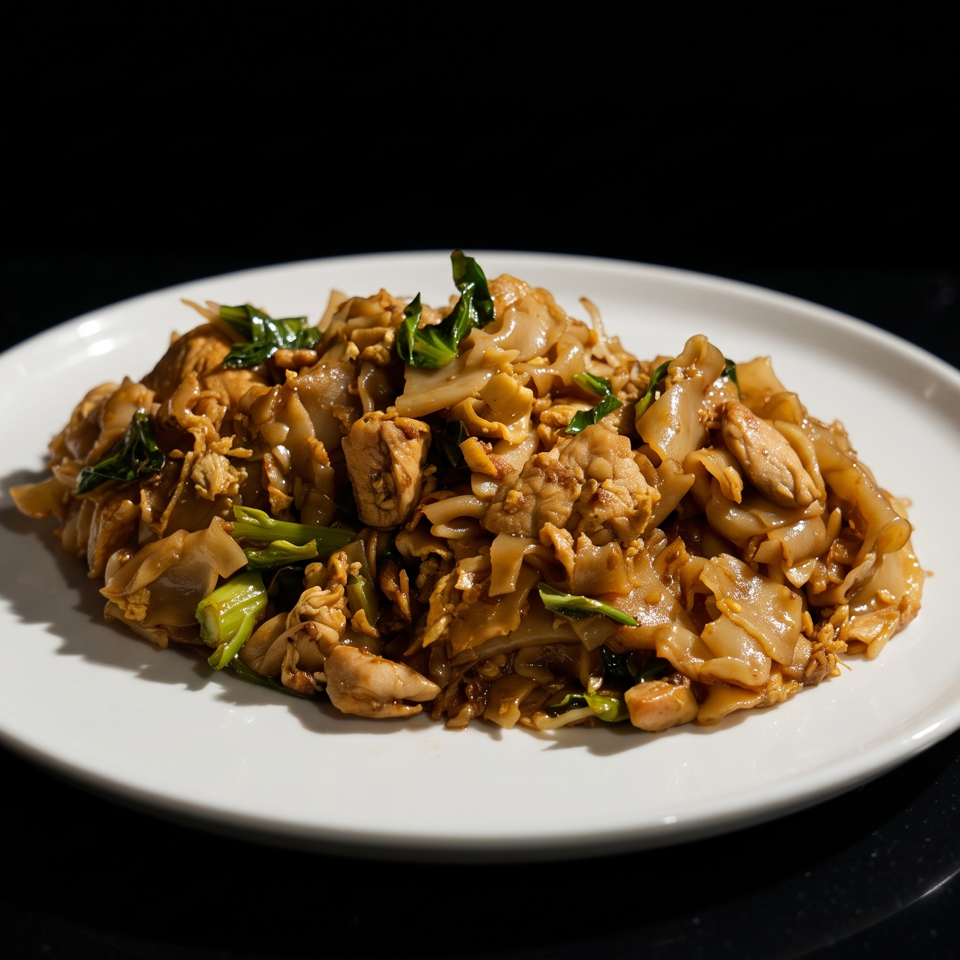 Stir-fried wide noodles with chicken, leafy greens, and crushed peanuts on a white plate.
