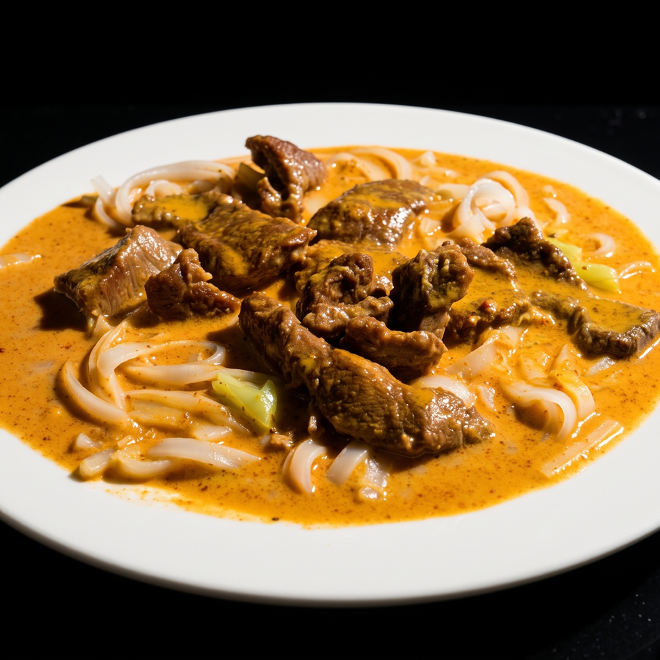 Sliced beef and white noodles served in a rich orange curry sauce on a white plate.