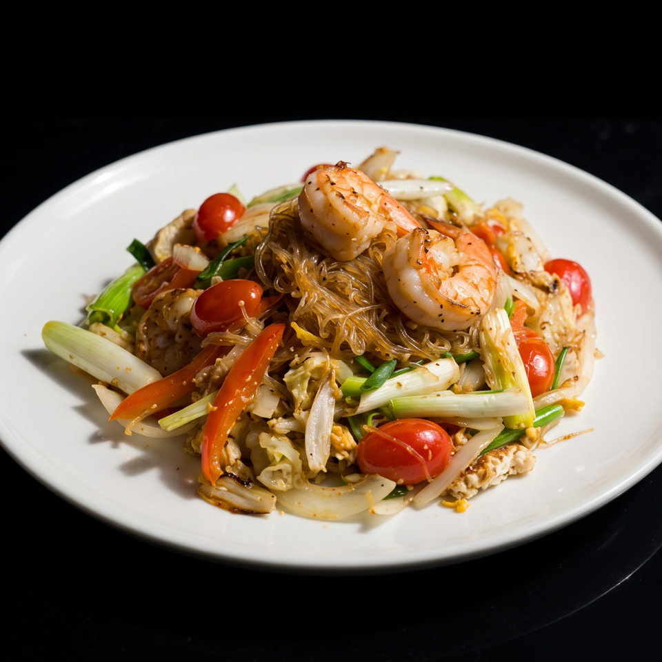 Plate of stir-fried glass noodles with shrimp, cabbage, bell peppers, scallions, and cherry tomatoes.